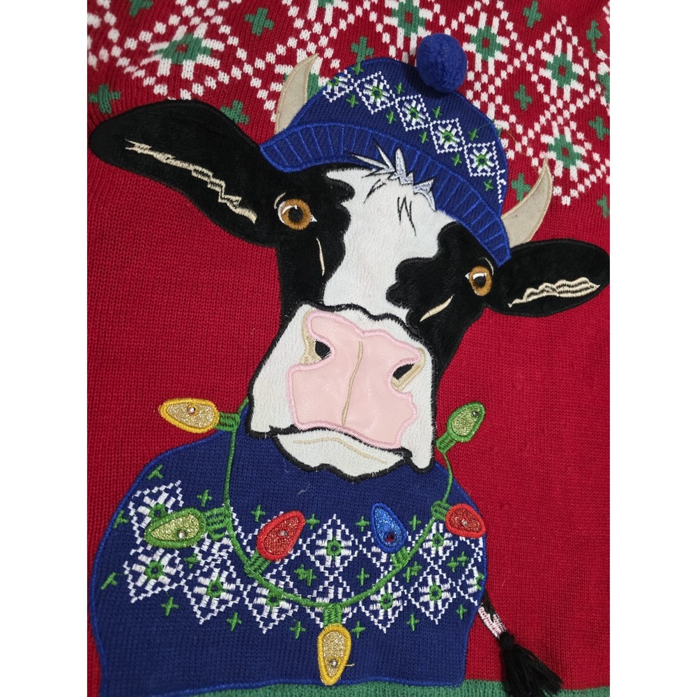 Holiday Time Ugly Christmas Cow Sweater L 42–44 3D Pom Pom - Picture 2 of 9